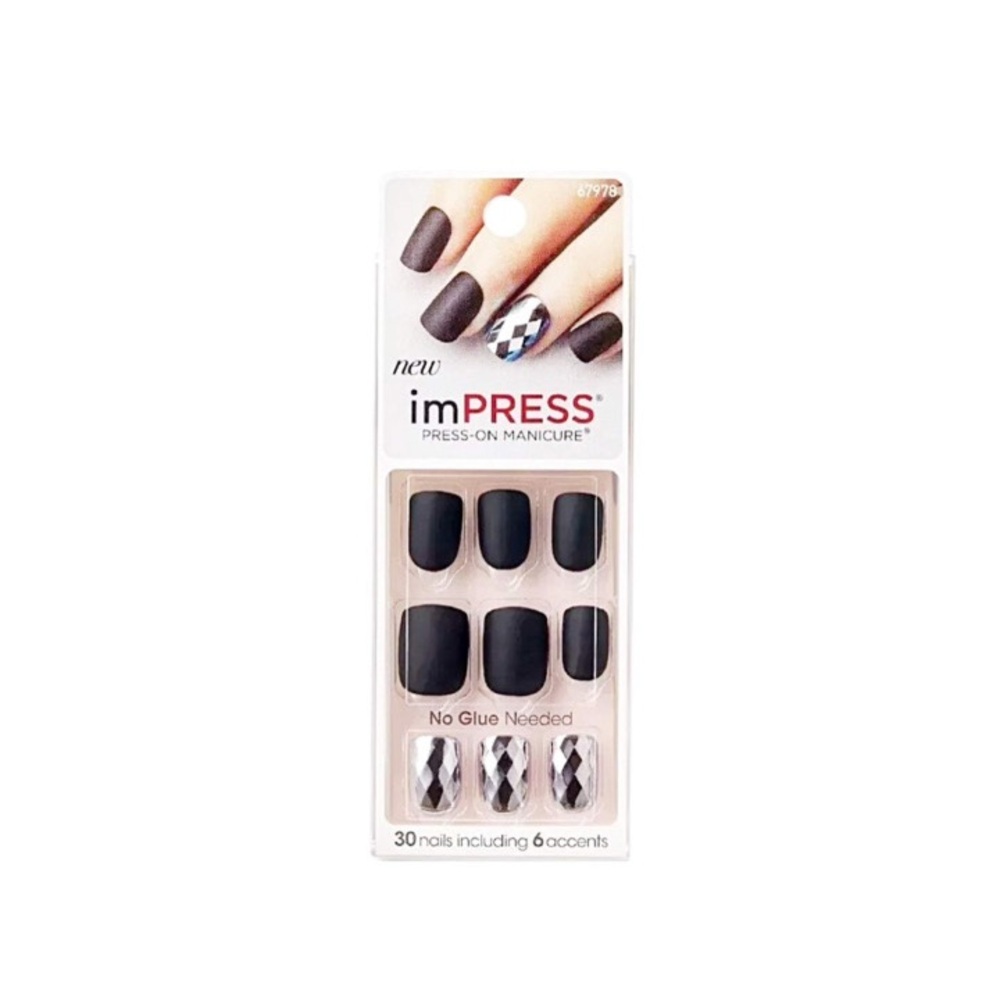 imPRESS Black Matte Press-On Nails with Silver Facet Accents